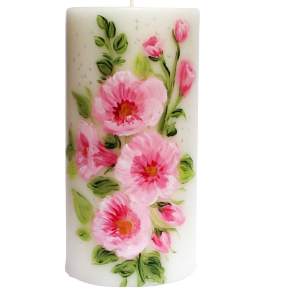 NEW Hand Painted Hollyhock Flower Pillar Candle Decorative Floral Spring Decor